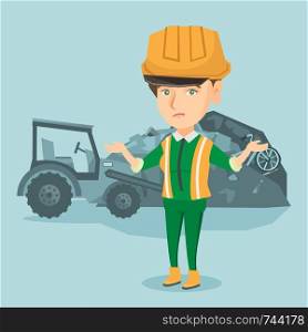 Young caucasian worker of rubbish dump in hard hat standing with spread arms. Disappointed woman standing on the background of rubbish dump and bulldozer. Vector cartoon illustration. Square layout.. Worker of rubbish dump standing with spread arms.