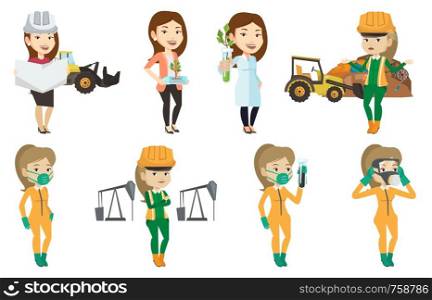 Young caucasian worker of rubbish dump standing with spread arms. Woman standing on the background of rubbish dump and bulldozer. Set of vector flat design illustrations isolated on white background.. Vector set of characters on ecology issues.