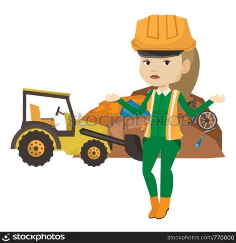 Young caucasian worker of rubbish dump standing with spread arms. Sad woman standing on the background of rubbish dump and bulldozer. Vector flat design illustration isolated on white background.. Worker and bulldozer at rubbish dump.