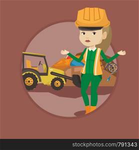 Young caucasian worker of rubbish dump standing with spread arms. Woman standing on the background of rubbish dump and bulldozer. Vector flat design illustration in the circle isolated on background.. Worker and bulldozer at rubbish dump.