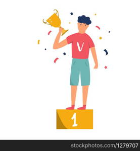 Young champion standing with a trophy on a pedestal. Victory concept. Vector illustration. Young champion standing with a trophy on pedestal