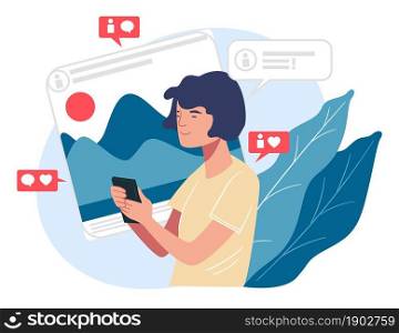 Young character using smartphone for fun and communication. Social media network with likes and comments, reactions and pictures. Male holding phone in hands and smiling. Vector in flat style. Teenager communicating and chatting in network