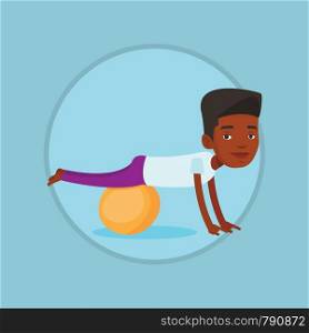 Young cheerful african-american man exercising with fit ball. Smiling man training on fitball. Man doing exercises on fitball. Vector flat design illustration in the circle isolated on background.. Young man exercising with fitball.