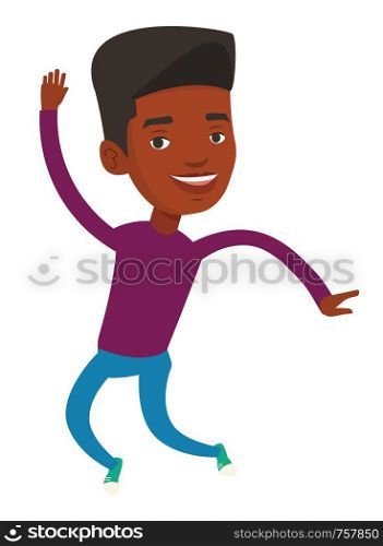 Young cheerful african-american man jumping. Smiling man having fun and jumping. Full length of happy man jumping. Vector flat design illustration isolated on white background.. Young african-american man jumping.