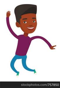 Young cheerful african-american man jumping. Smiling man having fun and jumping. Full length of happy man jumping. Vector flat design illustration isolated on white background.. Young african-american man jumping.