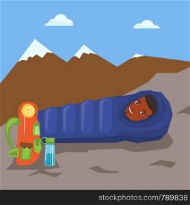 Young cheerful african-american man wrapped up in a mummy sleeping bag. Happy smiling man relaxing in a sleeping bag while camping in the mountains. Vector flat design illustration. Square layout.. Man resting in sleeping bag in the mountains.