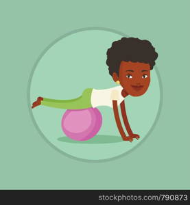 Young cheerful african-american woman exercising with fitball. Smiling woman training on fitball. Woman doing exercises on fitball. Vector flat design illustration in the circle isolated on background. Young woman exercising with fitball.