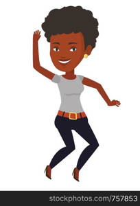 Young cheerful african-american woman jumping. Smiling woman having fun and jumping. Full length of happy woman jumping. Vector flat design illustration isolated on white background.. Young african-american woman jumping.