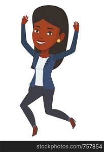 Young cheerful african-american woman jumping. Smiling woman having fun and jumping. Full length of happy woman jumping. Vector flat design illustration isolated on white background.. Young african-american woman jumping.