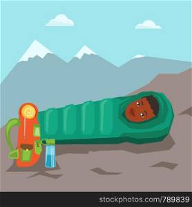 Young cheerful african-american woman wrapped up in a mummy sleeping bag. Happy smiling woman relaxing in a sleeping bag while camping in the mountains. Vector flat design illustration. Square layout.. Woman resting in sleeping bag in the mountains.