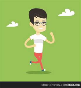 Young cheerful asian man running. Happy male runner jogging. Full length of a smiling male athlete running. Sportsman in sportswear running. Vector flat design illustration. Square layout.. Young man running vector illustration.