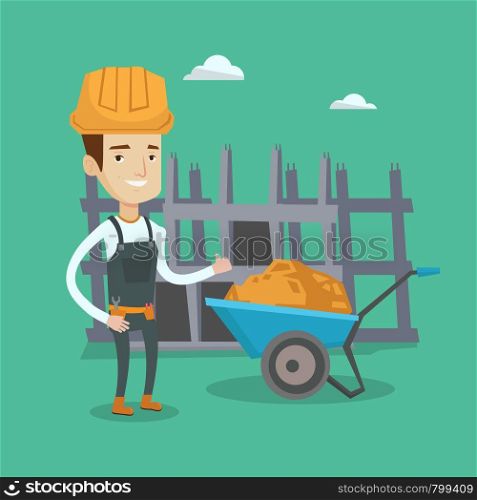 Young cheerful builder in hard hat giving thumb up. A builder with thumb up standing on a background of construction site with wheelbarrow full of sand. Vector flat design illustration. Square layout.. Builder giving thumb up vector illustration.