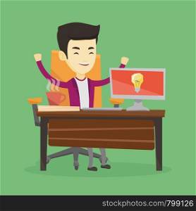 Young cheerful business man working on computer on a new business idea. Asian happy businessman having a business idea. Successful business idea concept. Vector flat design illustration. Square layout. Successful business idea vector illustration.