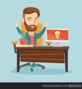 Young cheerful business man working on computer on a new business idea. Caucasian happy man having a business idea. Successful business idea concept. Vector flat design illustration. Square layout.. Successful business idea vector illustration.