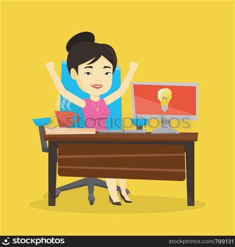 Young cheerful business woman working on computer on a business idea. Asian happy businesswoman having a business idea. Successful business idea concept. Vector flat design illustration. Square layout. Successful business idea vector illustration.