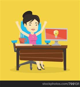 Young cheerful business woman working on computer on a business idea. Asian happy businesswoman having a business idea. Successful business idea concept. Vector flat design illustration. Square layout. Successful business idea vector illustration.