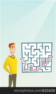 Young cheerful businessman looking at the labyrinth with solution. Caucasian businessman thinking about business solution. Business solution concept. Vector flat design illustration. Vertical layout.. Business woman looking at labyrinth with solution