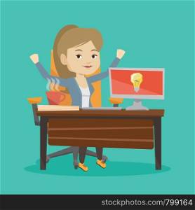 Young cheerful businesswoman working on computer on a new business idea. Caucasian happy woman having a business idea. Successful business idea concept. Vector flat design illustration. Square layout.. Successful business idea vector illustration.