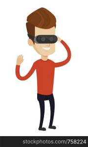 Young cheerful caucasian gamer wearing virtual reality headset. Happy gamer using virtual reality glasses and playing virtual video game. Vector flat design illustration isolated on white background.. Man wearing virtual reality headset.