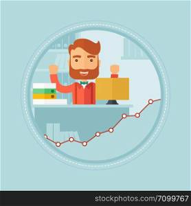 Young cheerful caucasian hipster businessman with the beard sitting at workplace in office and enjoying his success in business. Vector flat design illustration in the circle isolated on background.. Happy successful businessman vector illustration.