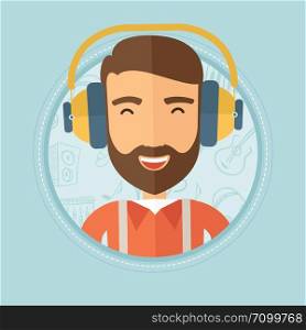 Young cheerful caucasian hipster man with the beard listening to music in headphones on a blue background with music icons. Vector flat design illustration in the circle isolated on background.. Man listening to music in headphones.