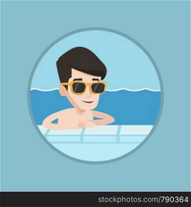 Young cheerful caucasian man relaxing in swimming pool at resort. Smiling man bathing in swimming pool on summer vacation. Vector flat design illustration in the circle isolated on background.. Smiling young man in swimming pool.