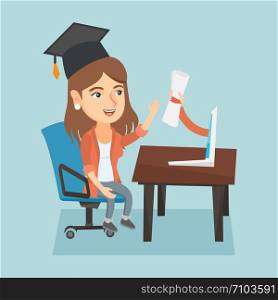 Young cheerful caucasian online school graduate getting diploma from the computer. Concept of educational technology, online education and graduation. Vector cartoon illustration. Square layout.. Young graduate getting diploma from the computer.