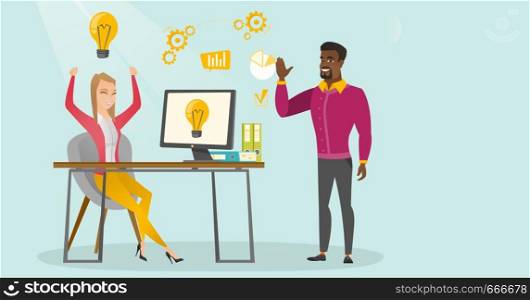 Young cheerful caucasian white business woman and her african-american coworker having creative idea. Successful business idea concept. Vector cartoon illustration. Horizontal layout.. Cheerful business people having successful idea.