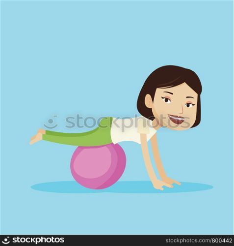 Young cheerful caucasian woman exercising with fit ball. Smiling sporty woman working out with exercise ball. Concept of healthy lifestyle and sport. Vector flat design illustration. Square layout. Young woman exercising with fitball.