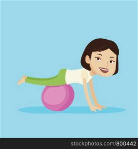 Young cheerful caucasian woman exercising with fit ball. Smiling sporty woman working out with exercise ball. Concept of healthy lifestyle and sport. Vector flat design illustration. Square layout. Young woman exercising with fitball.