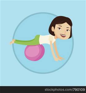 Young cheerful caucasian woman exercising with fit ball. Smiling woman training on fitball. Woman doing exercises on fitball. Vector flat design illustration in the circle isolated on background.. Young woman exercising with fitball.