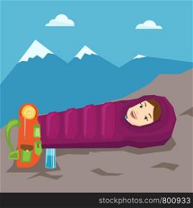 Young cheerful caucasian woman wrapped up in a mummy sleeping bag. Happy smiling woman relaxing in a sleeping bag while camping in the mountains. Vector flat design illustration. Square layout.. Woman resting in sleeping bag in the mountains.