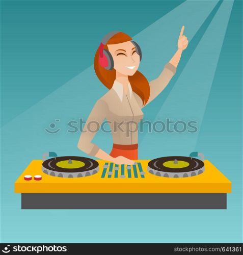 Young cheerful DJ mixing music on the turntables. Female DJ playing and mixing music on the deck. Caucasian DJ in headphones mixing music at a party. Vector flat design illustration. Square layout.. DJ mixing music on the turntables.