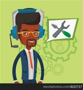 Young cheerful operator of technical support wearing headphone set. Friendly technical support operator with speech square with screwdriver and wrench. Vector flat design illustration. Square layout.. Technical support operator vector illustration.