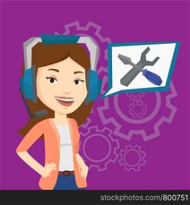 Young cheerful operator of technical support wearing headphone set. Friendly technical support operator and speech square with screwdriver and wrench. Vector flat design illustration. Square layout.. Technical support operator vector illustration.