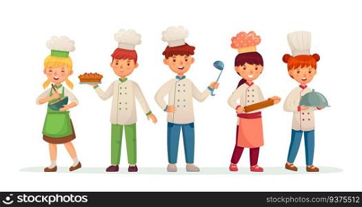 Young chefs. Happy children cooks, kids cooking and baking in chef costume. Kid baking job, gourmet character or restaurant meal cook lover child cartoon vector illustration. Young chefs. Happy children cooks, kids cooking and baking in chef costume cartoon vector illustration
