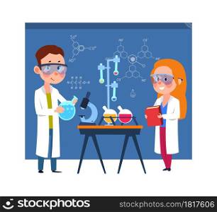 Young chemists. Children put chemical experiments, girl boy wear white coats and using medical equipment vector illustration. Laboratory education experiment, science chemist. Young chemists. Children put chemical experiments, girl boy wear white coats and using medical equipment vector illustration