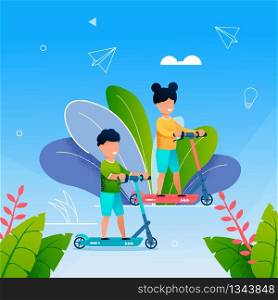 Young Children Ride Scooter in Park. Vector Illustration Brother and Sister Spend Summer Days in Fresh Air. Summer Holidays at School. Boy and Girl Spend Summer Days in Park Playing