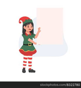 young Christmas Elf girl with sign. vector illustration