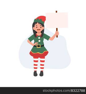 young Christmas Elf girl with sign. vector illustration