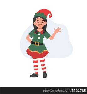 Young christmas elf kid is saying ’Hi’ merry christmas. Vector illustration