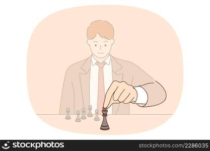 Young clever man sit at desk playing chess. Confident businessman engaged in board game make move with piece. Problem solution concept. Logic and intelligence. Business strategy. Vector illustration. . Clever man play chess with pieces