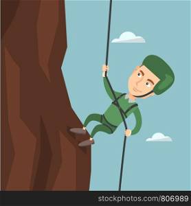 Young climber in protective helmet climbing a mountain. Caucasian smiling man climbing a mountain with a rope. Sport and leisure activity concept. Vector flat design illustration. Square layout.. Man climbing a mountain with a rope.
