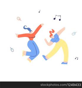 Young Clubbing Dancing Girls Flat Vector Illustration on White. Pair Cartoon Woman Disco Stars Moving Beautifully on Nightclub Dance Floor. Dance Party Group People Enjoy Music Festival Youth Disco. Young Clubbing Dancing Girls Flat Illustration