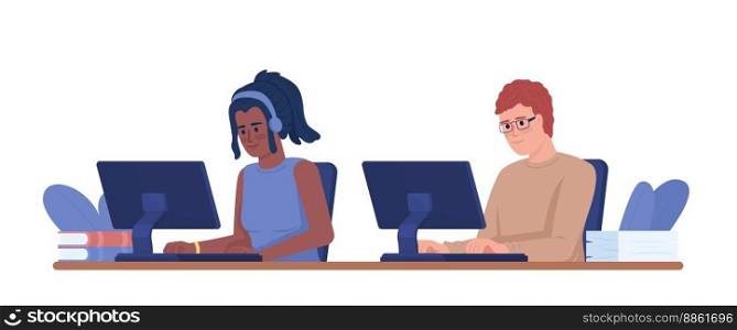 Young colleagues using coworking spaces semi flat color vector characters. Editable figures. Full body people on white. Simple cartoon style illustration for web graphic design and animation. Young colleagues using coworking spaces semi flat color vector characters