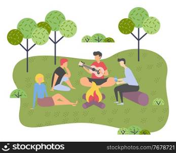Young company of friends on picnic outside the city. Campfire gatherings, singing songs on the guitar. Trip out of town or city park. Rest and vacation. Singer and listeners. Flat vector illustration. Young group of friends on a picnic outside the city, guy plays guitar, burn a fire. Green spaces