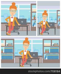 Young confident business woman leaning on a table in the office. Young smiling business woman standing in the office. Vector flat design illustration. Square, horizontal, vertical layouts.. Business woman standing in the office.