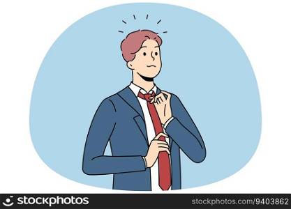 Young confident businessman in suit and tie feel successful and motivated. Self-confident male boss or CEO wearing formalwear show leadership qualities. Flat vector illustration.. Self-confident businessman in suit and tie