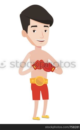 Young confident sportsman in boxing gloves. Illustration of full length of professional male boxer. Sportive man wearing red boxing gloves. Vector flat design illustration isolated on white background. Young confident boxer vector illustration.