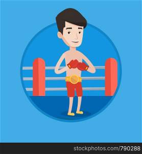 Young confident sportsman in boxing gloves. Professional male boxer standing in the boxing ring. Man wearing red boxing gloves. Vector flat design illustration in the circle isolated on background.. Confident boxer in the ring vector illustration.